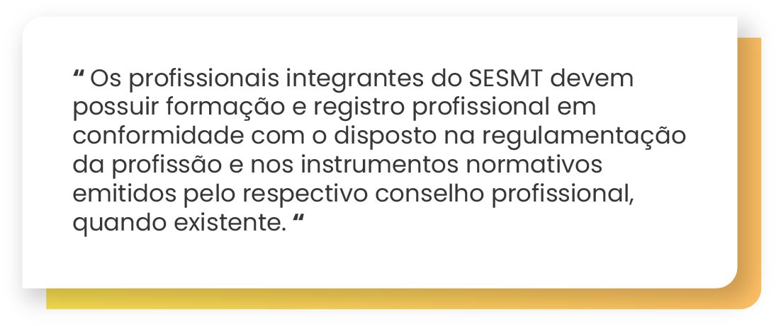 Os profissionais integrantes do SESMT devem possuir formação e registro profissional em conformidade com o disposto na regulamentação da profissão e nos instrumentos normativos emitidos pelo respectivo conselho profissional, quando existente.