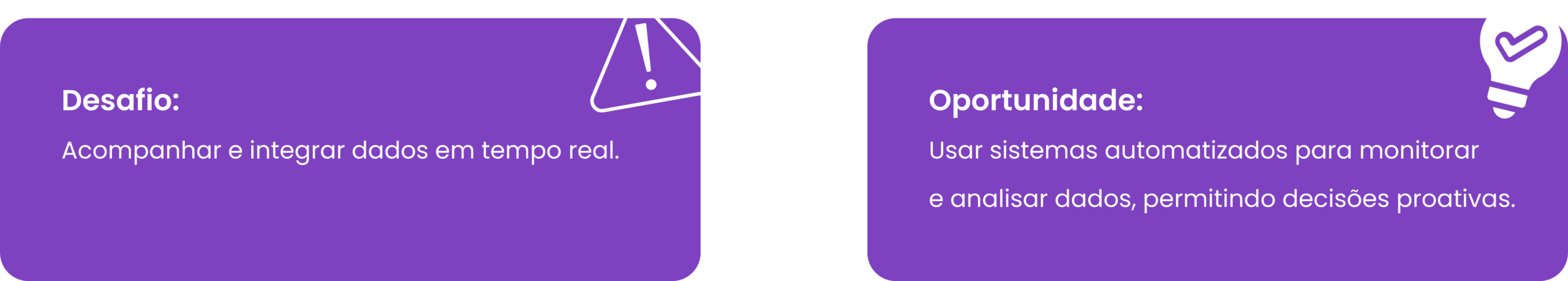 DESAFIO:
Acompanhar e integrar dados em tempo real. 
OPORTUNIDADE: 
Usar sistemas automatizados para monitorar e analisar dados, permitindo decisões proativas. 