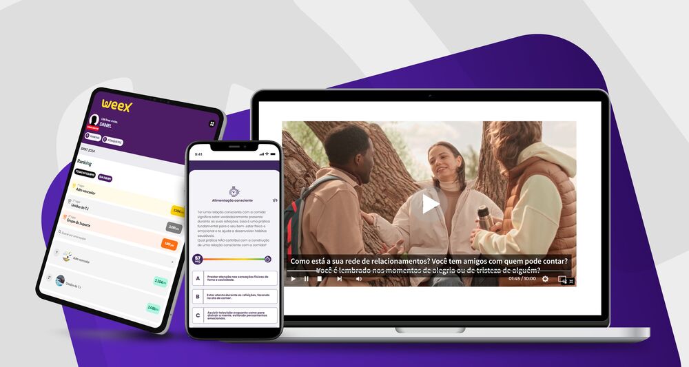 Mockup com a plataforma da weex em tablet, celular e desktop.