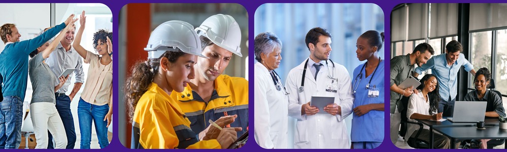 Imagens de trabalhadores utilizando dispositivos móveis durante campanha de SIPAT com gamificação.