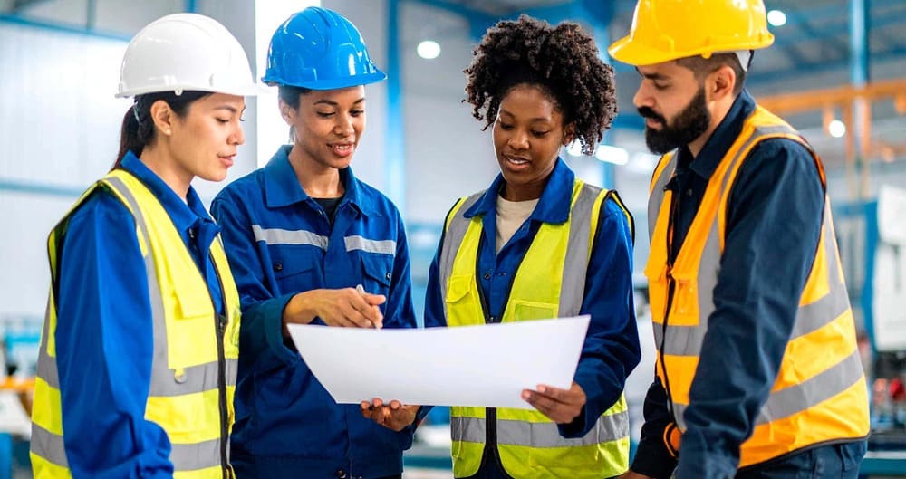 Imagem de técnicos de segurança do trabalho reunidos.