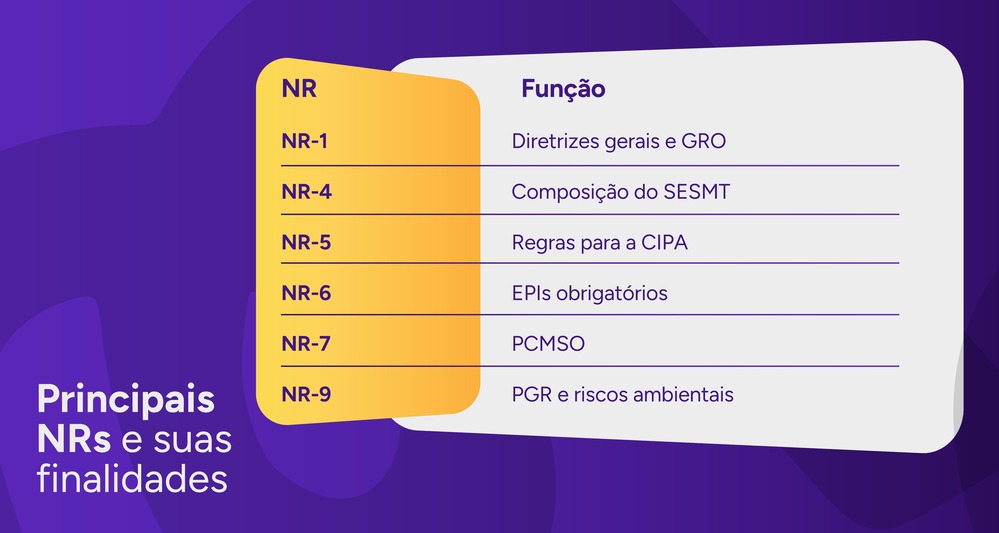 Lista com as principais NRs e suas finalidades.