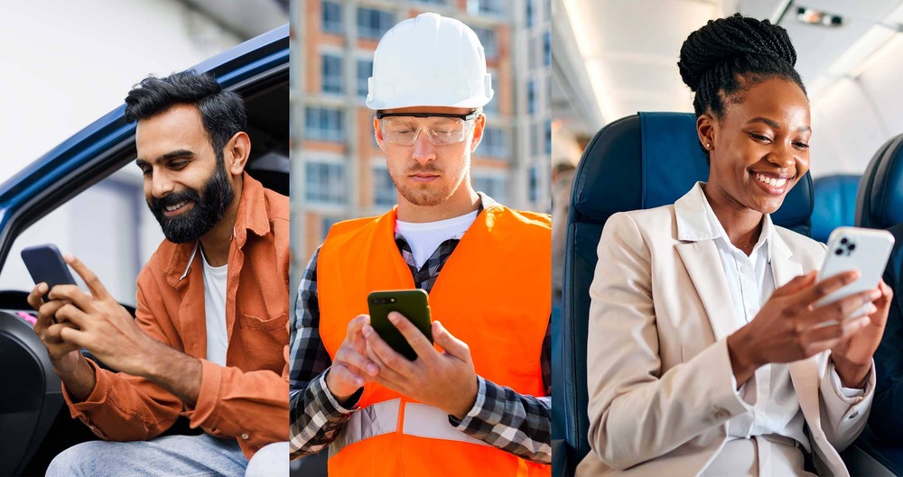 Imagem de trabalhadores com celulares.