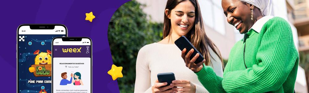 Trabalhadores usando smartphone e imagens da gamificação da Weex em dispositivos móveis.