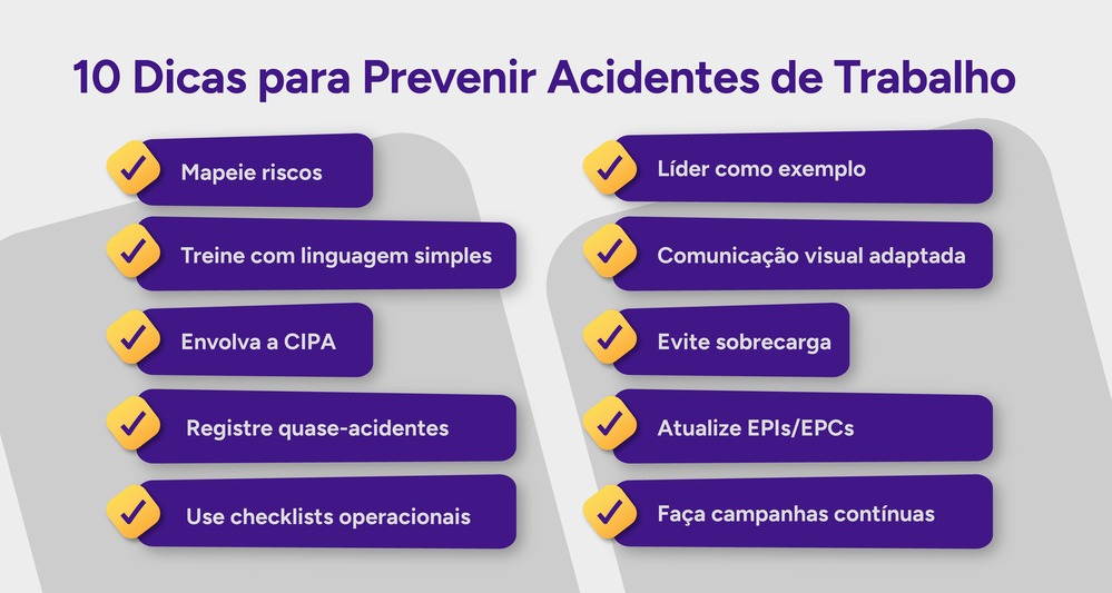Infográfico com 10 dicas para prevenir acidentes de trabalho.