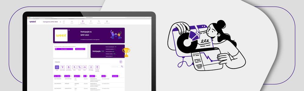 Imagem de um dashboard da plataforma da Weex em um notebook e uma ilustração.
