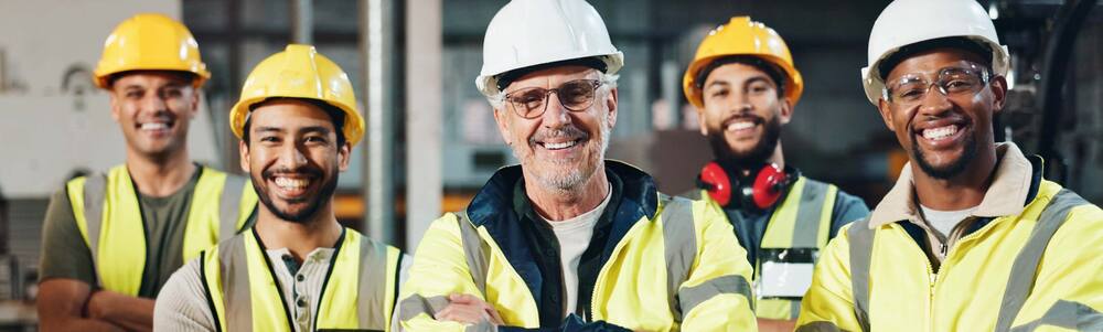 Imagem de 5 trabalhadores utilizando EPIs.