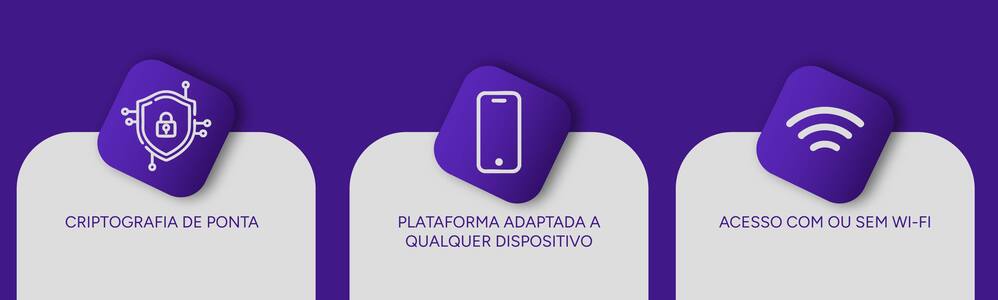 Infográfico mostrando ícones e legendas: criptografia de ponta, plataforma adaptada e acesso com ou sem wi-fi.
