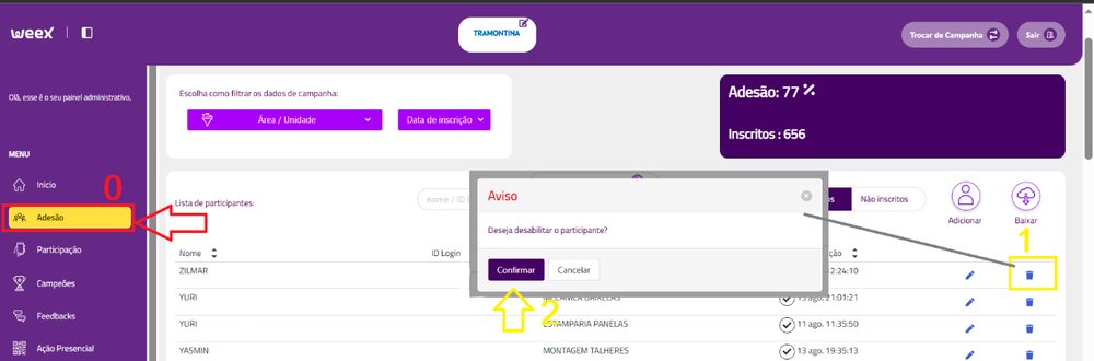 Print da plataforma ensinando a excluir.