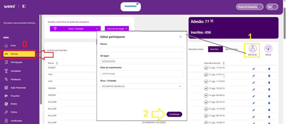 Print da plataforma ensinando a adicionar.