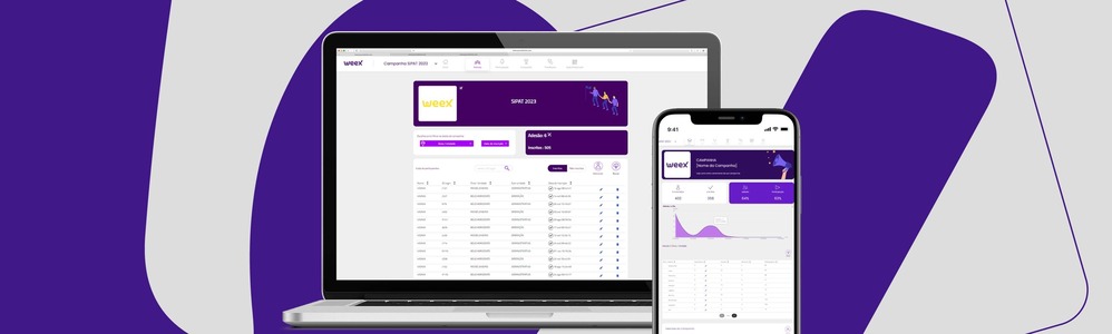 Imagem com print da plataforma da Weex no notebook e celular.