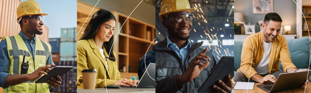 Trabalhadores de vários setores com um tablet e computador.