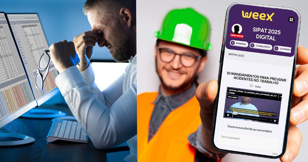 Imagem de trabalhador sofrendo sem a Weex e feliz com a Weex.