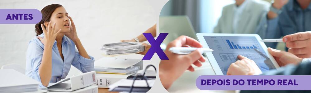 Imagem com reações de uma mulher com os resultados em tempo real, comparando antes e depois.