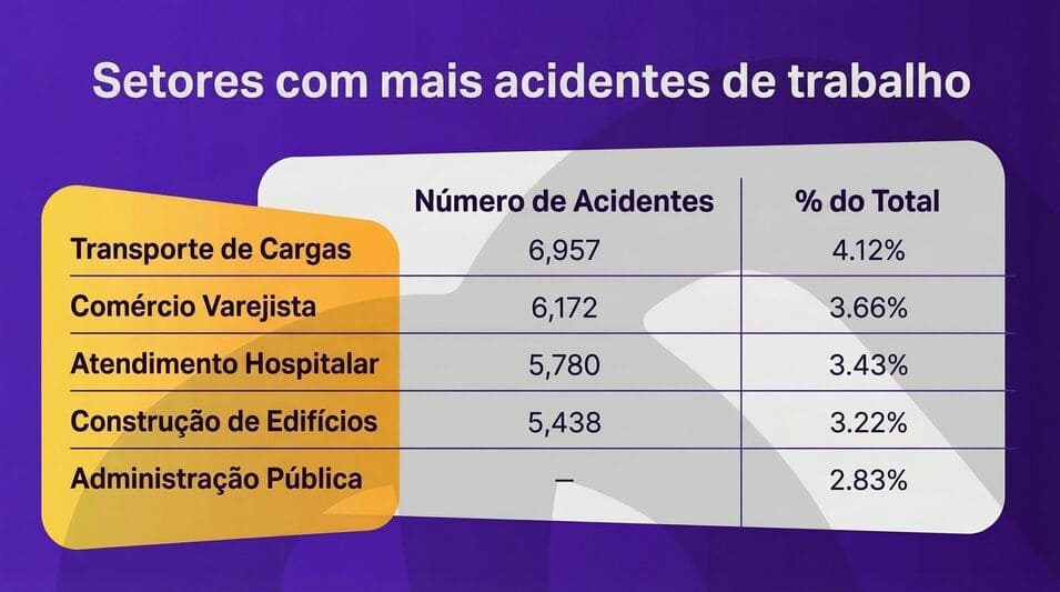 Tabela com os setores de mais acidentes do trabalho, com número de acidentes e porcentagem.