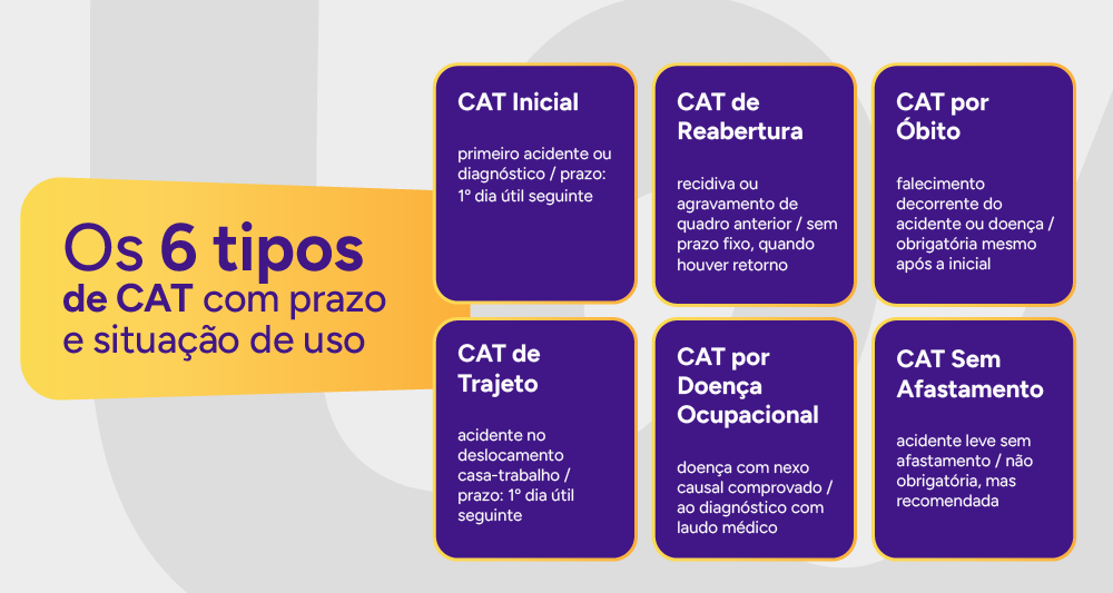 Infográfico: os 6 tipos de CAT com prazo e situação de uso.